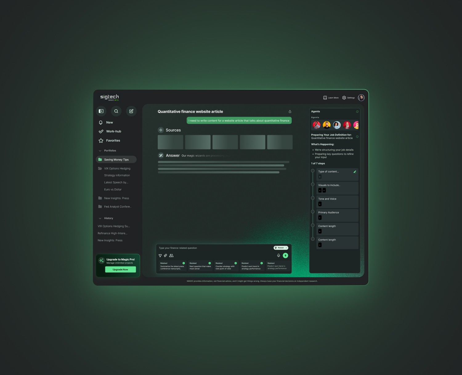 SigTech Magic wireframes and information architecture exploration