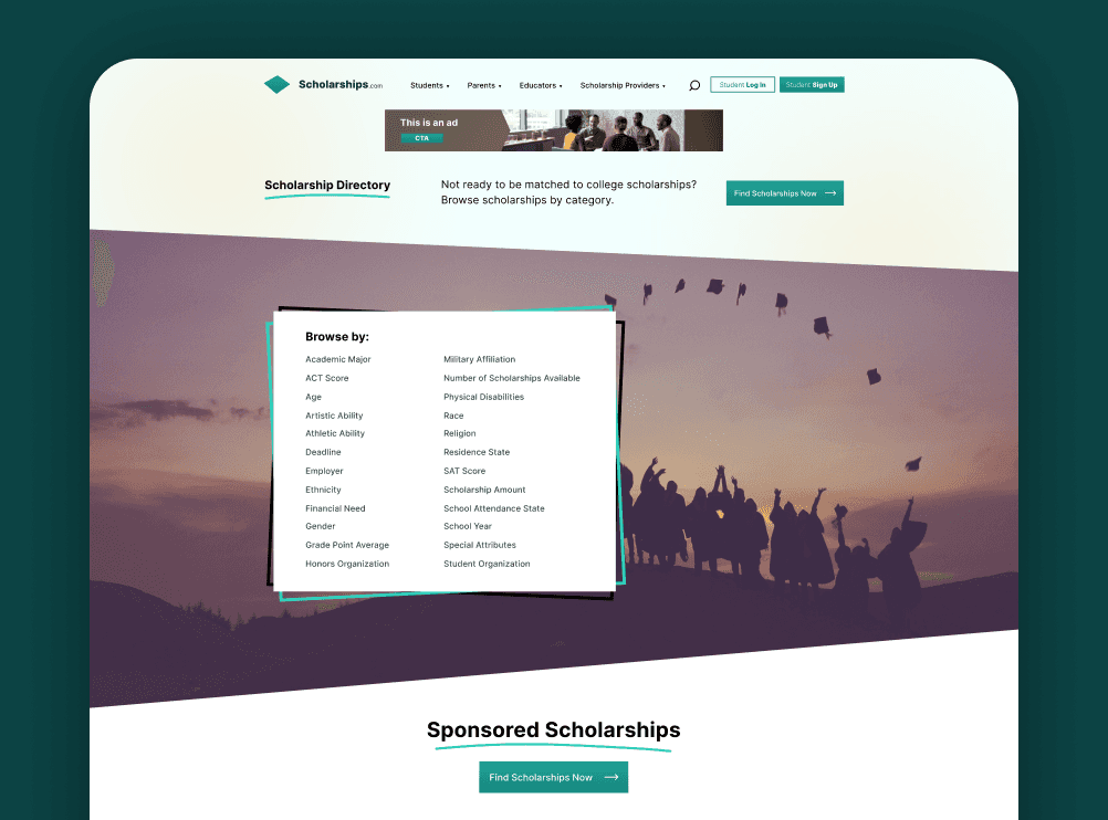 Scholarships.com final design screens and dashboard
