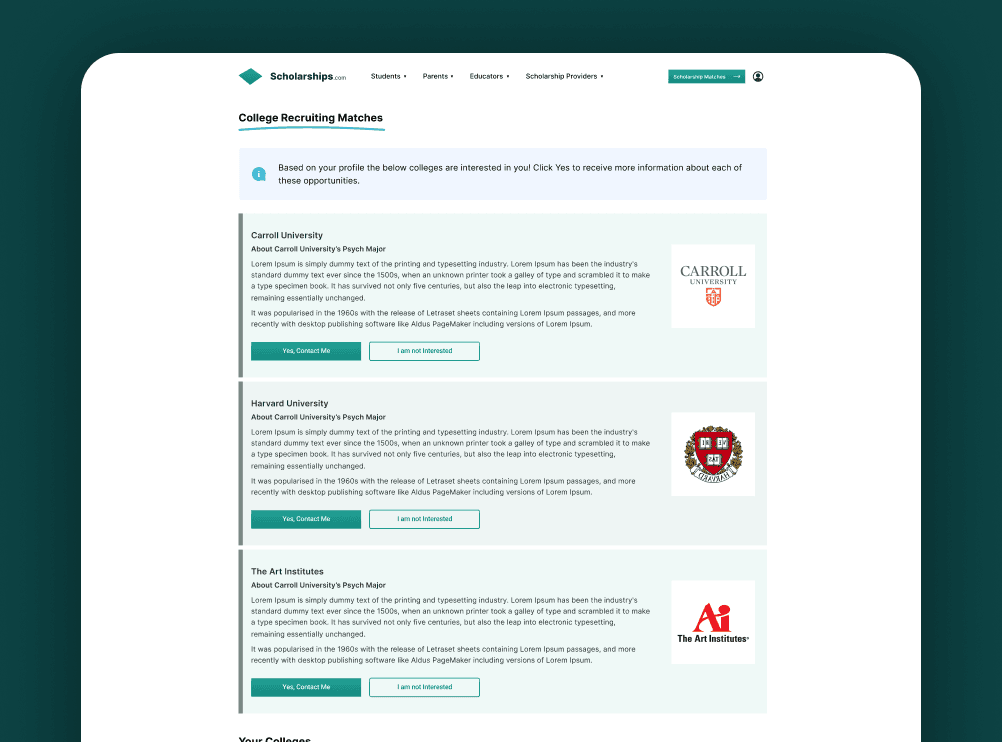 Scholarships.com final design screens and dashboard