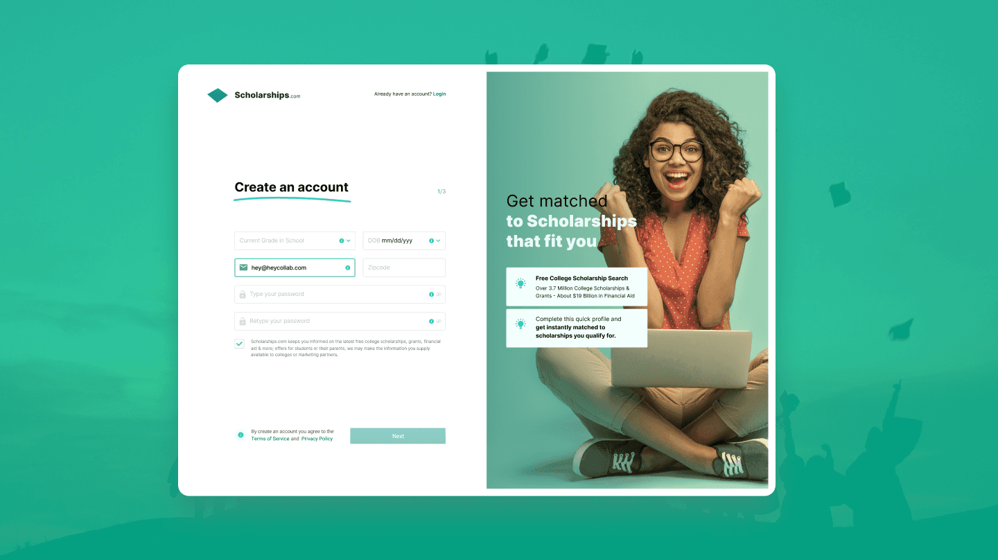 Scholarships.com final design screens and dashboard