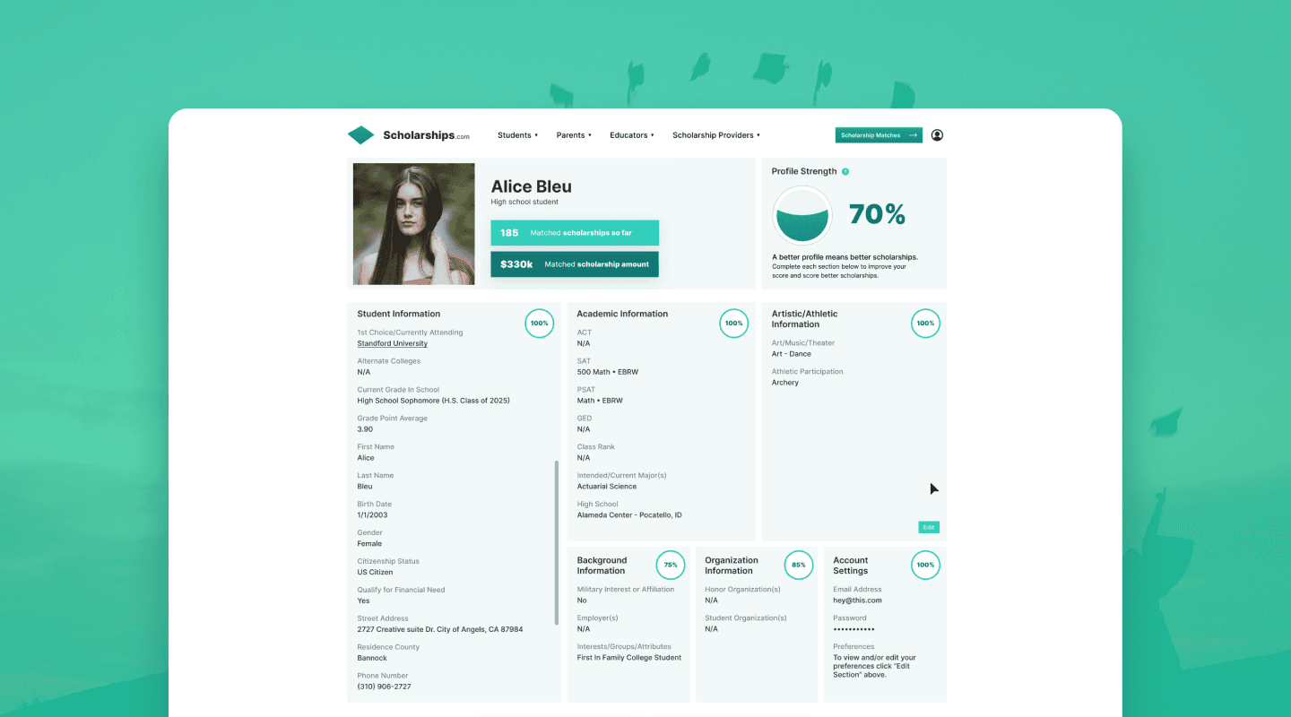 Scholarships.com final design screens and dashboard